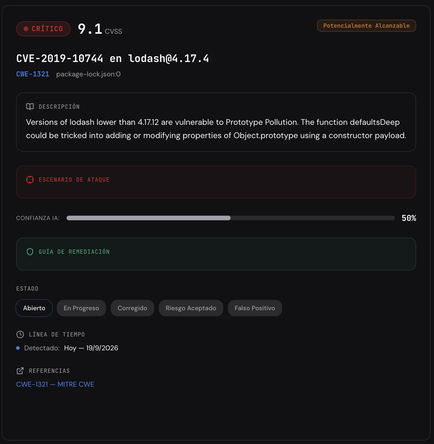 Detalle de hallazgo en Codealis: CVE con CVSS, alcanzabilidad y guía de remediación