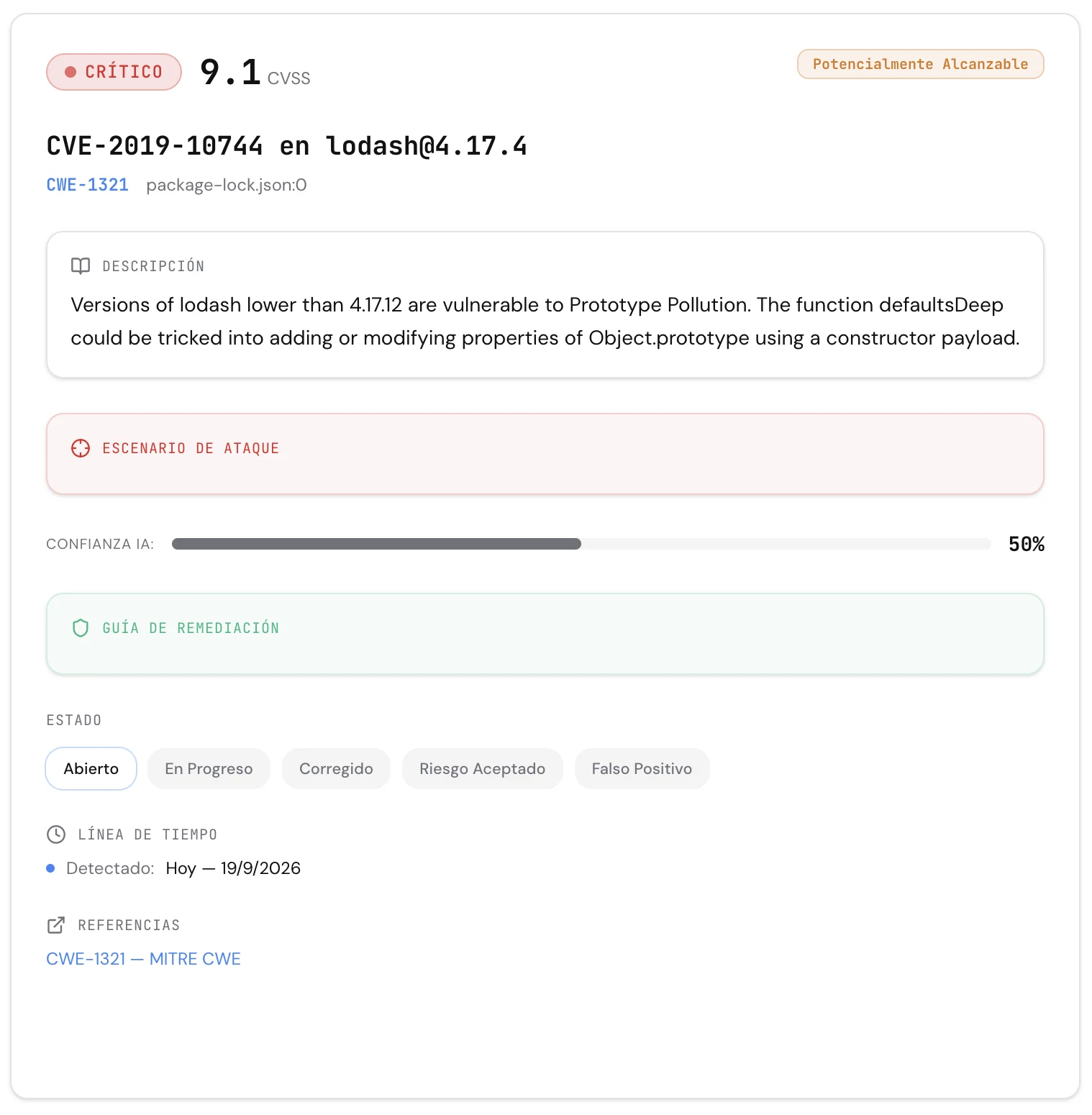 Detalle de hallazgo en Codealis: CVE con CVSS, alcanzabilidad y guía de remediación