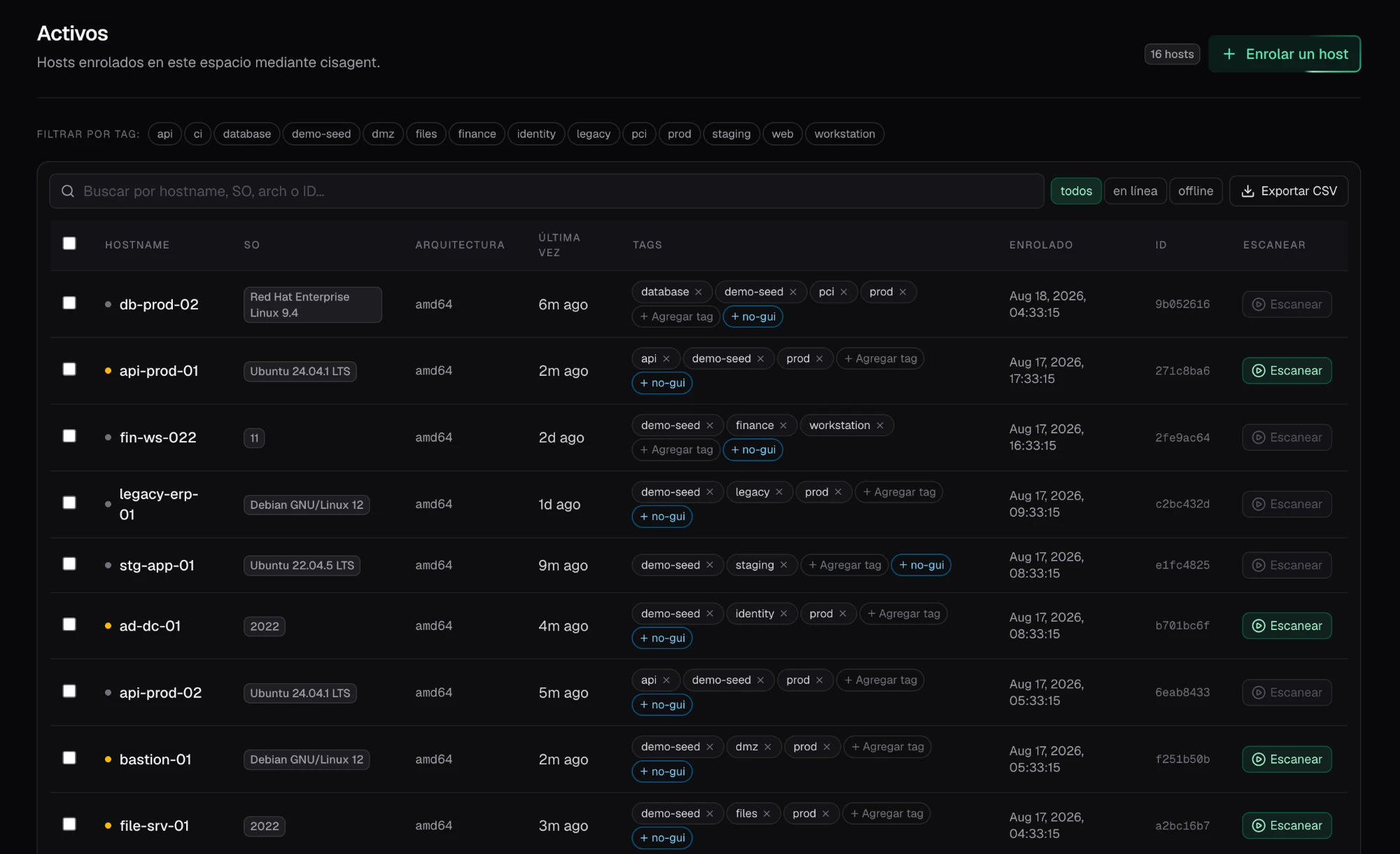 Inventario de activos de Secure Tuning IQ: hosts enrolados vía cisagent con SO, tags y escaneo por host