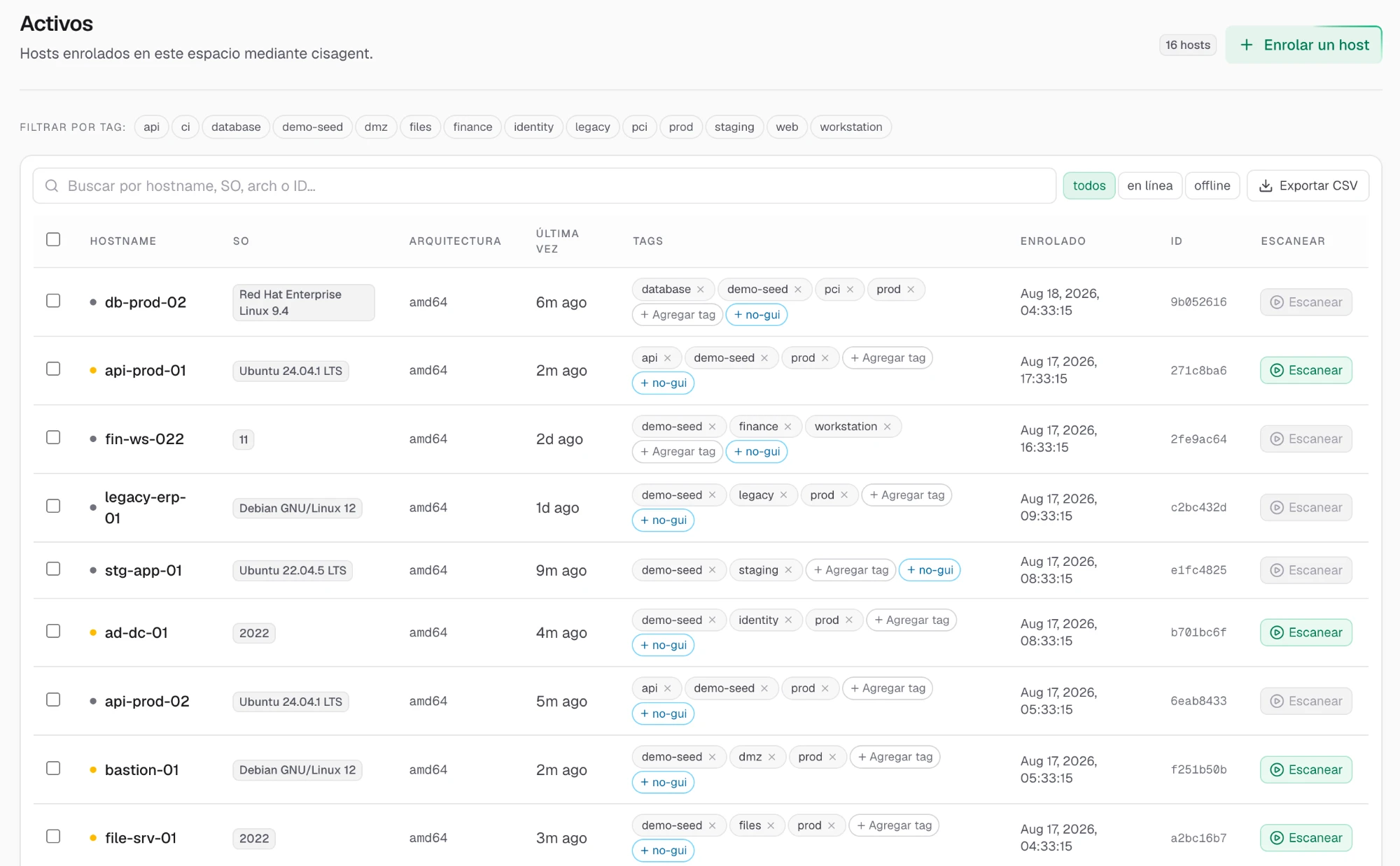 Inventario de activos de Secure Tuning IQ: hosts enrolados vía cisagent con SO, tags y escaneo por host